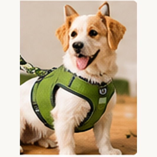 Small dog wearing CozyWag harness and leash